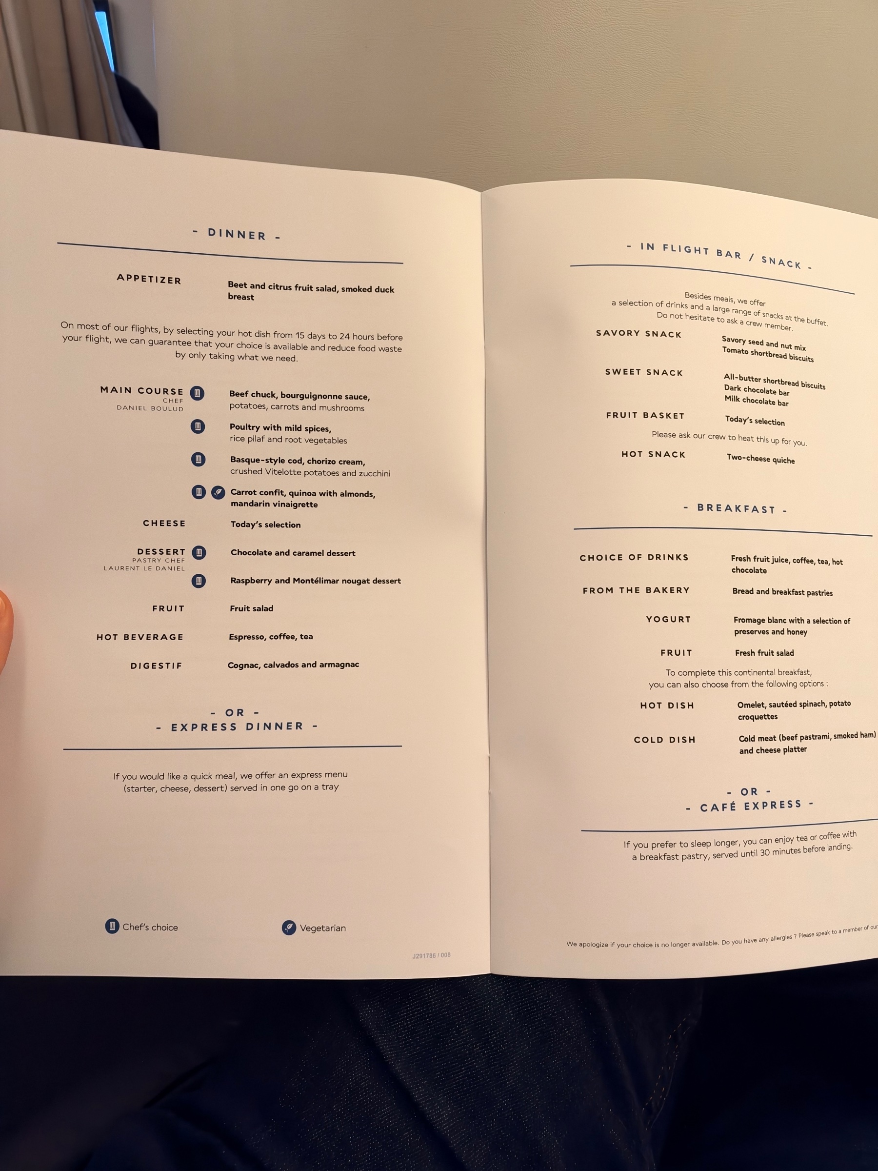 Air France Business menu, Miami to Paris (MIA–CDG)