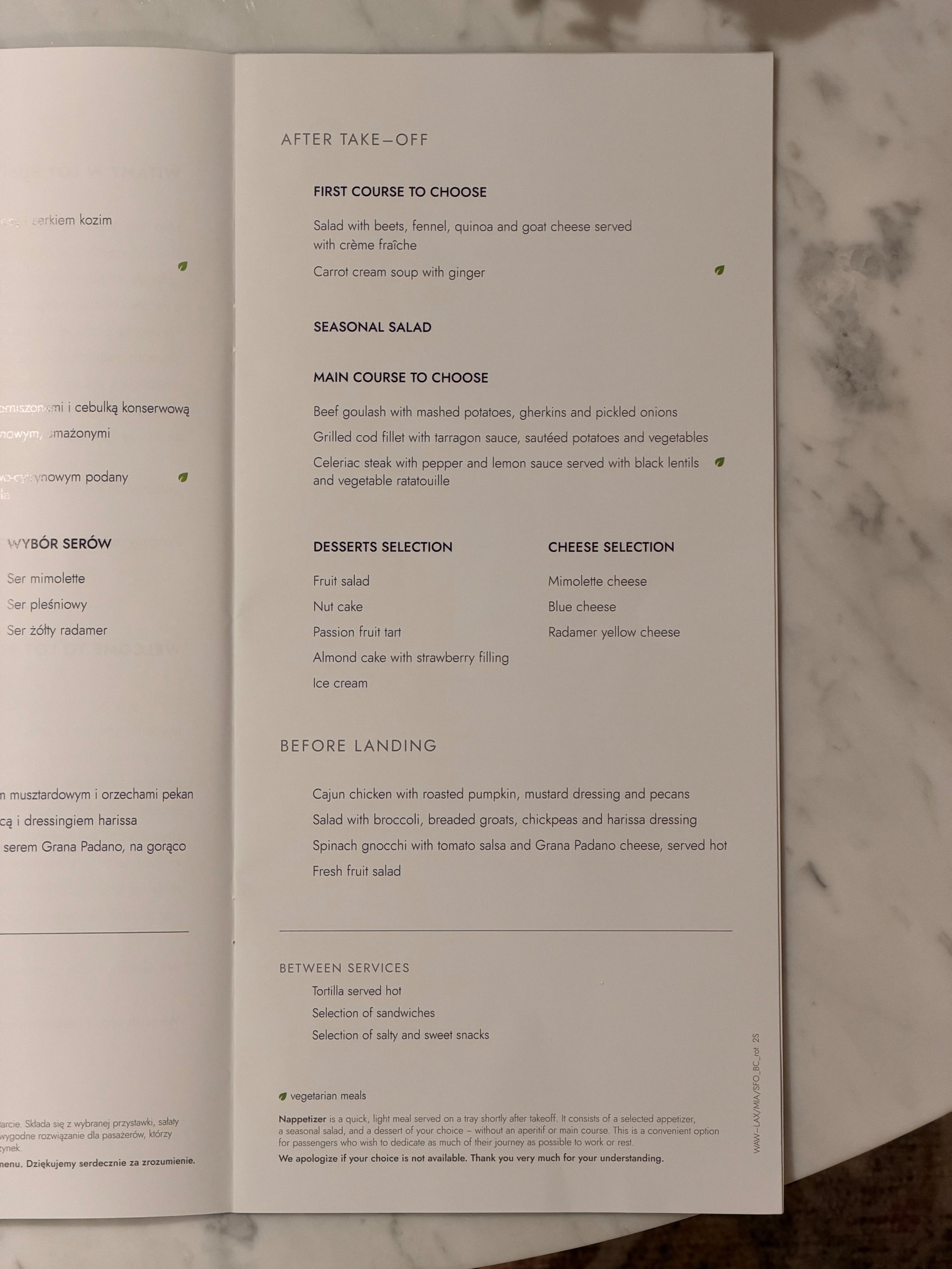 LOT Polish Airlines Business menu, Warsaw to Miami (WAW–MIA)