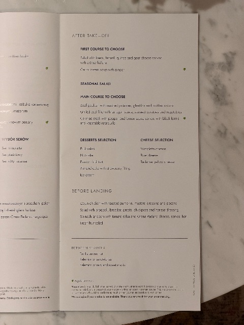 Menu Card on LOT Polish Airlines, WAW to MIA